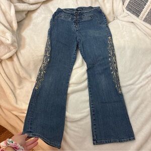 Floral embroidery Y2K low rise flare jeans